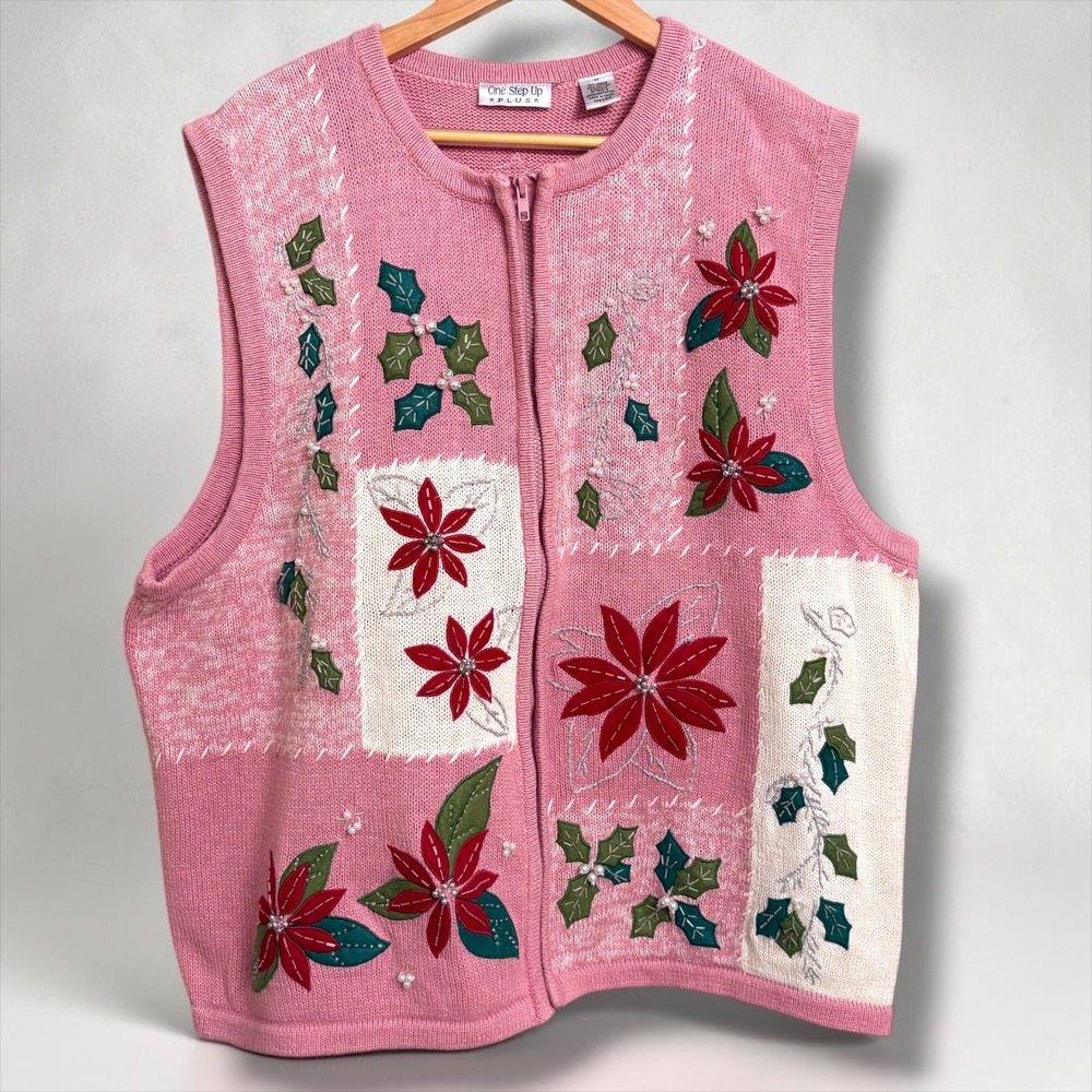 One Step Up Plus Pink Christmas Poinsettia Beaded Zip Sweater Vest 4X Holiday